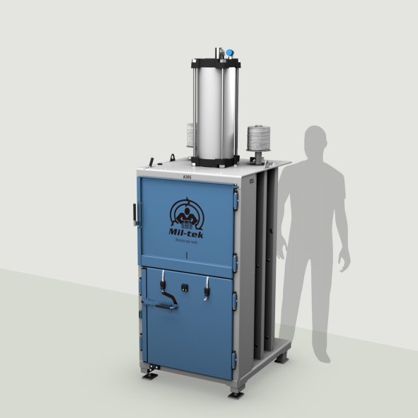 A305-2026-paperipuristin-muovipuristin-sininen-kone-harmaa-tausta